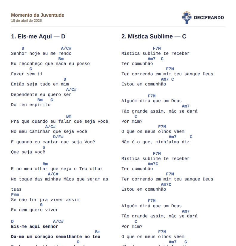 Exemplo de cifra com duas colunas