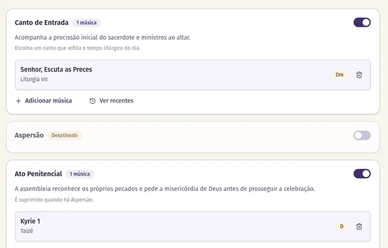 Tela do evento de Missa com as partes litúrgicas