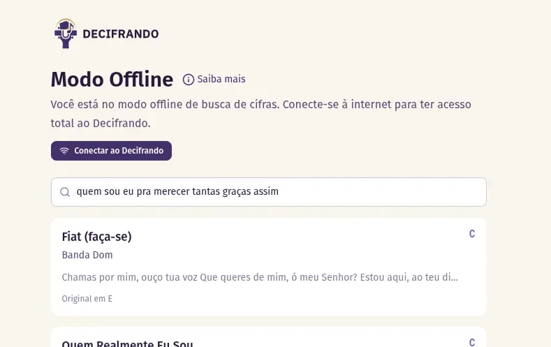 Tela do modo offline com a mensagem 'Sem conexão com a internet'
